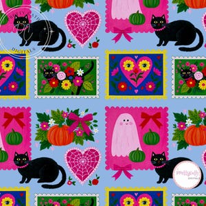 Motivo floreale rosa di Halloween, arte popolare, gatto nero, fantasma, zucca, cuore, senza cuciture, kawaii, retrò, carta da parati floreale, design artistico PNG