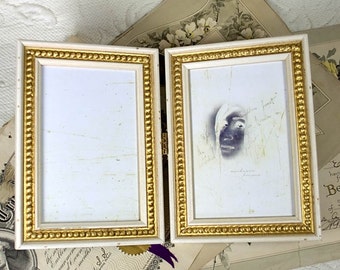 Hinged Double 4x6 inch White and Gold Frame Antique Shabby Look/Office/Wedding Gift/4x6 inch Hinged Double Photo Frame