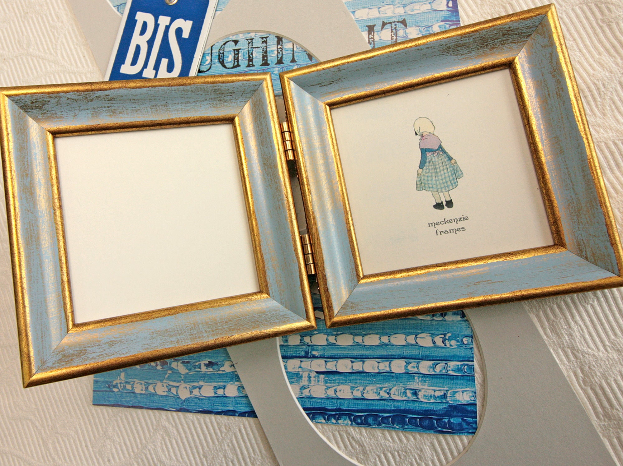 4x4 ou 5x5 Pouces Hinged Double Frame Gold - Bleu Style Lisse /Instagram/Bureau Cadre Demoiselles d'