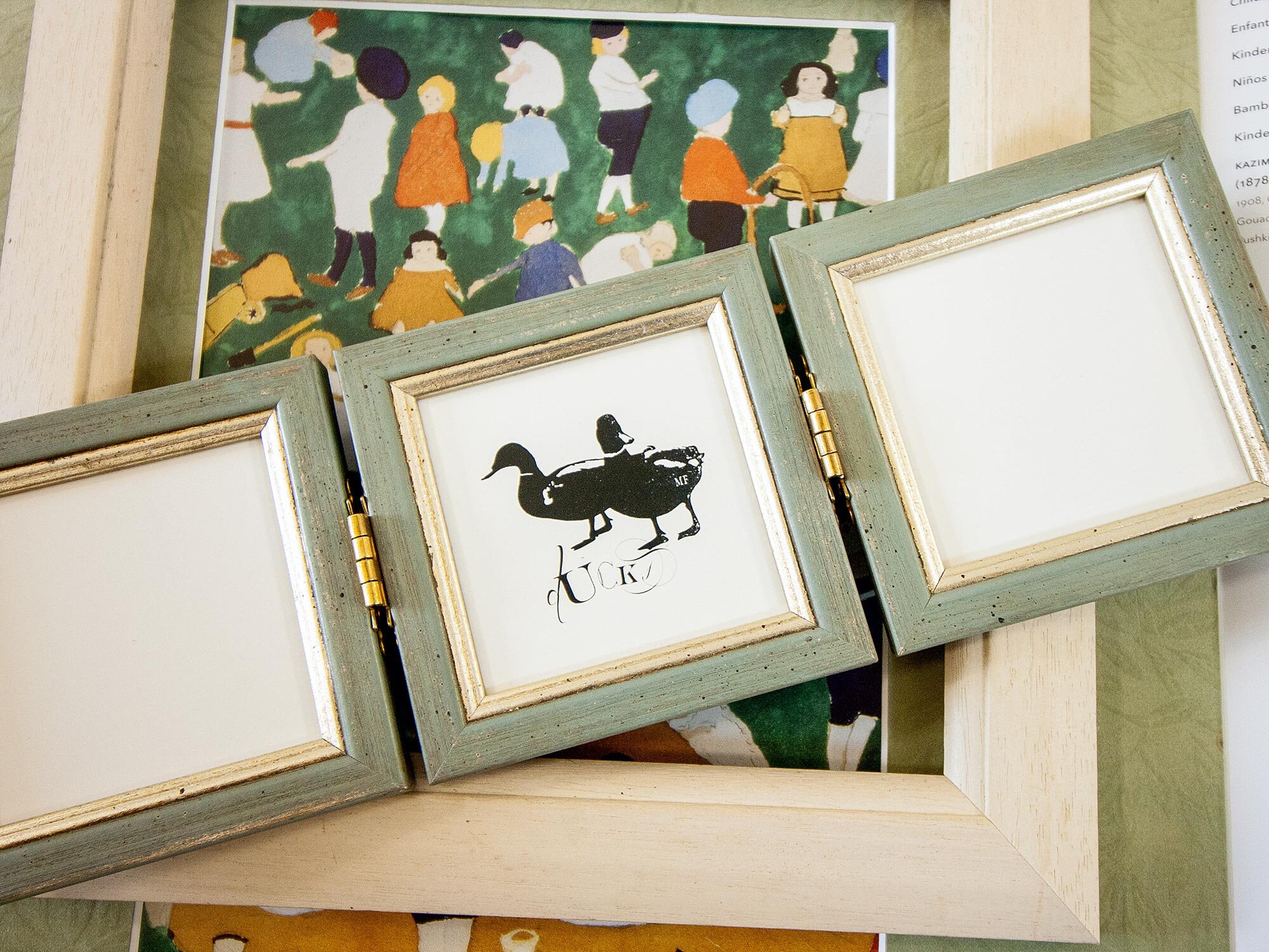 Cadre Triptyque de Luxe Sage-Vert et Argent Étroit en Détresse Pour Trois Photos 3x3 Pouces - Cadeau