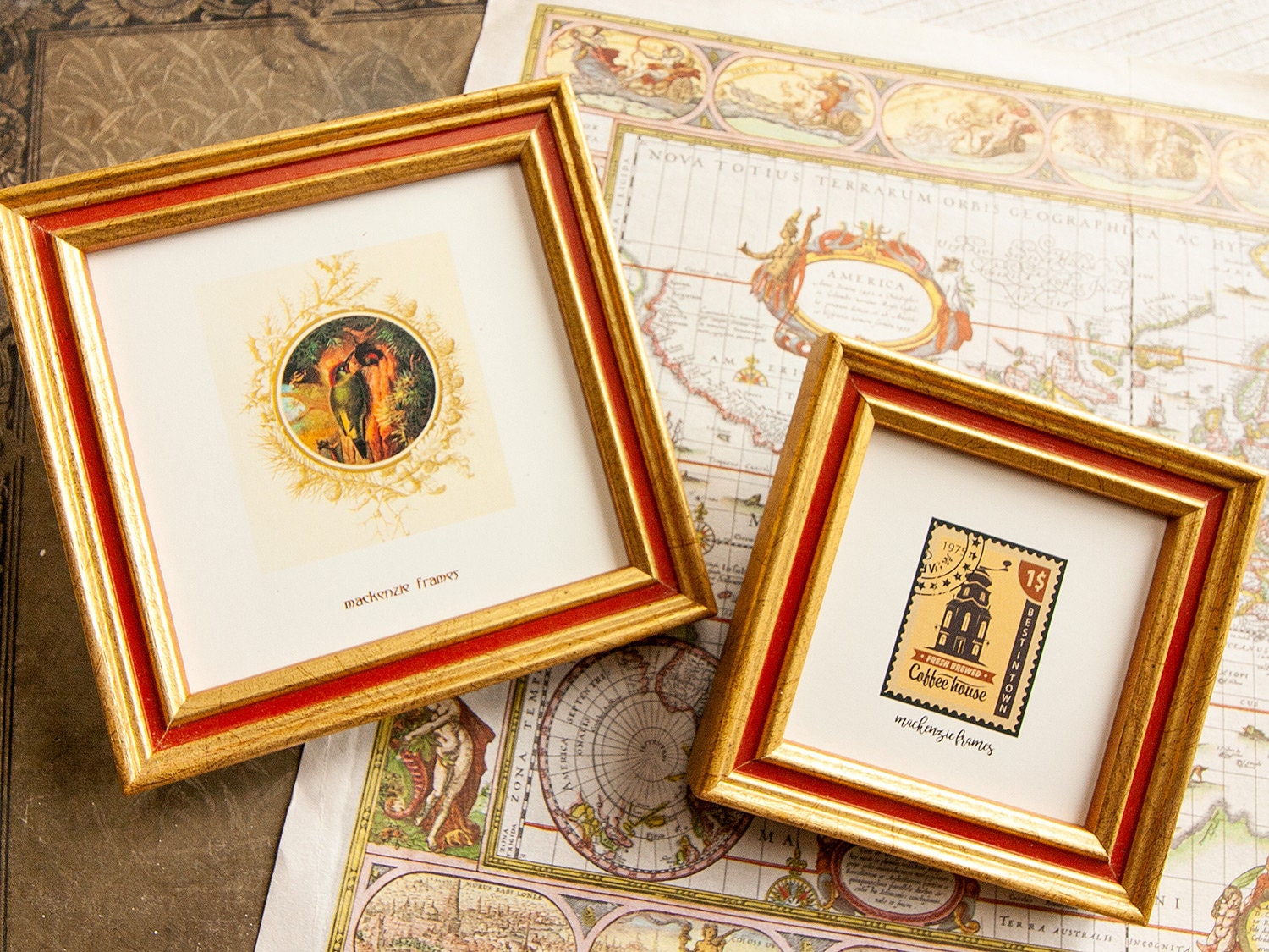 Cadre Photo Étroit en Or et Rouge Châtaignier de 3x3, 4x4, 4x5, 4x6 ou 5x5 Pouces Pour Mariage/Photo