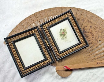 Mini Hinged Double Photo Frame in Black & Gold Boules/Office Desktop/Family Photos Deluxe Frame