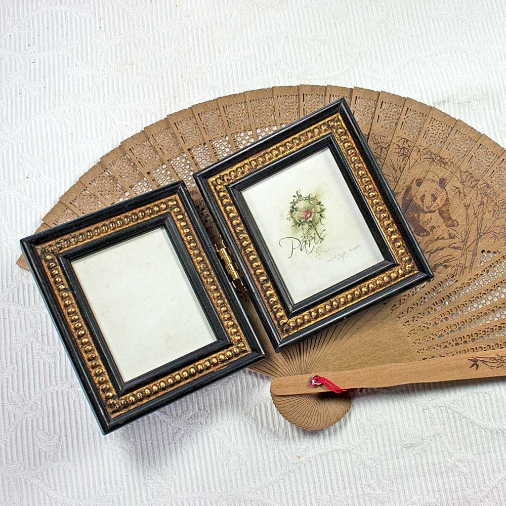 Mini Articulé Double Cadre Photo en Noir et Or Boules Shabby Chic Look For Two Photos/Office Desktop