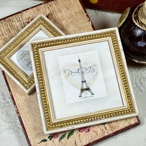6.25x6.25 inch Frame with 5x5 inch Mat Old White & Gold Boules Photo Frame in Antique Style for Wedding/Office Desktop/Square Photos