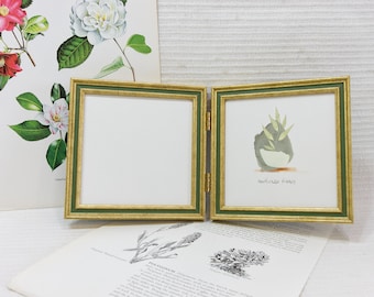 5x5 inch Hinged Double Frame Narrow Gold & Olive Green Style / Golden Wedding/Bridesmaids/Office Desktop/5x5 inch Hinged Double Frame