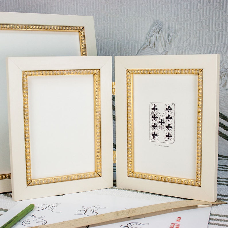 Hinged Double Frame 5x7 Inch Waxed White With Inner Gold Boule Image 0