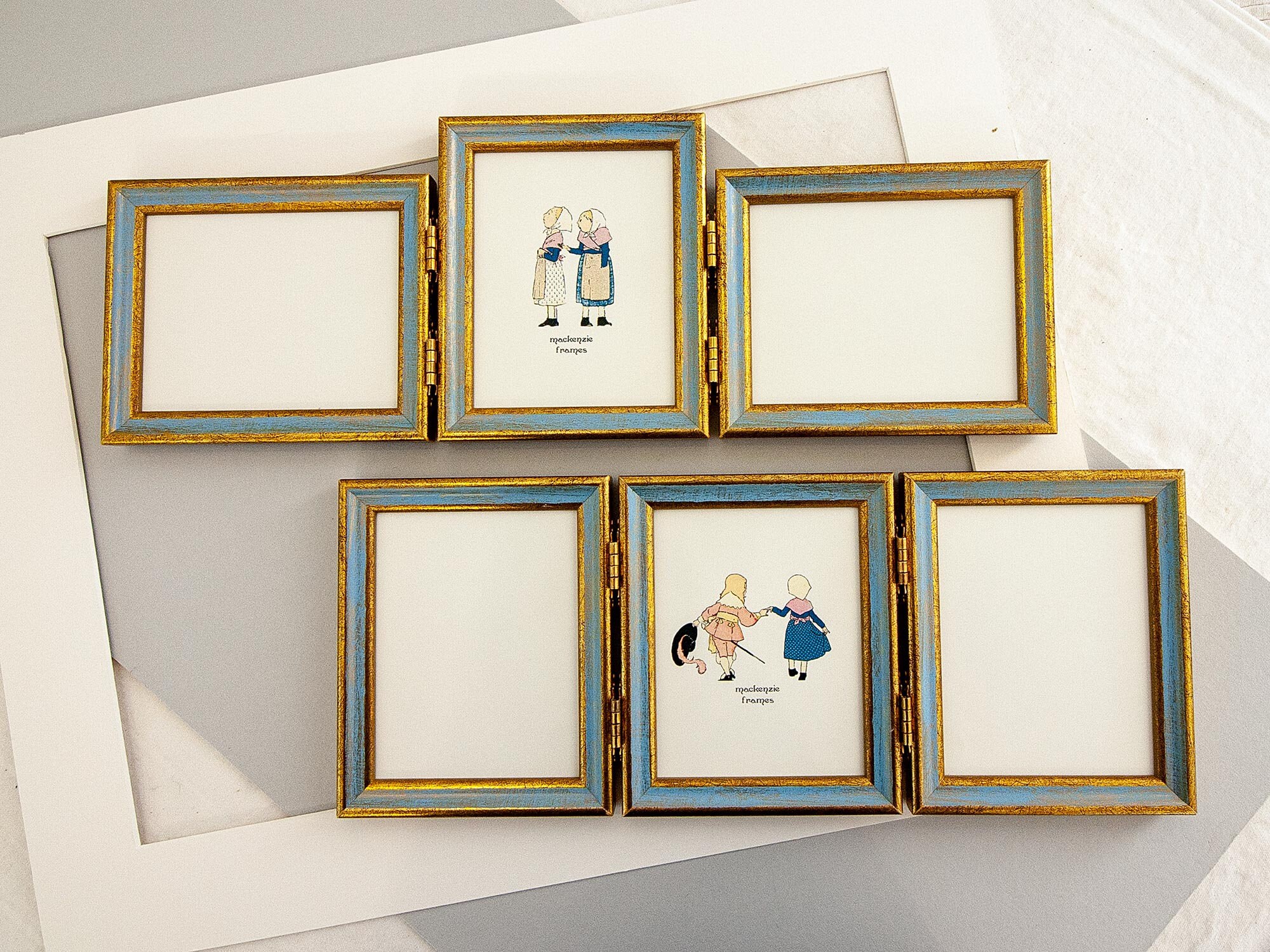 style Étroit et Simple Lisse Doré Bleu Bleue - Triptyque Articulé Pour Trois Photos de 4x5 Pouces/Ca