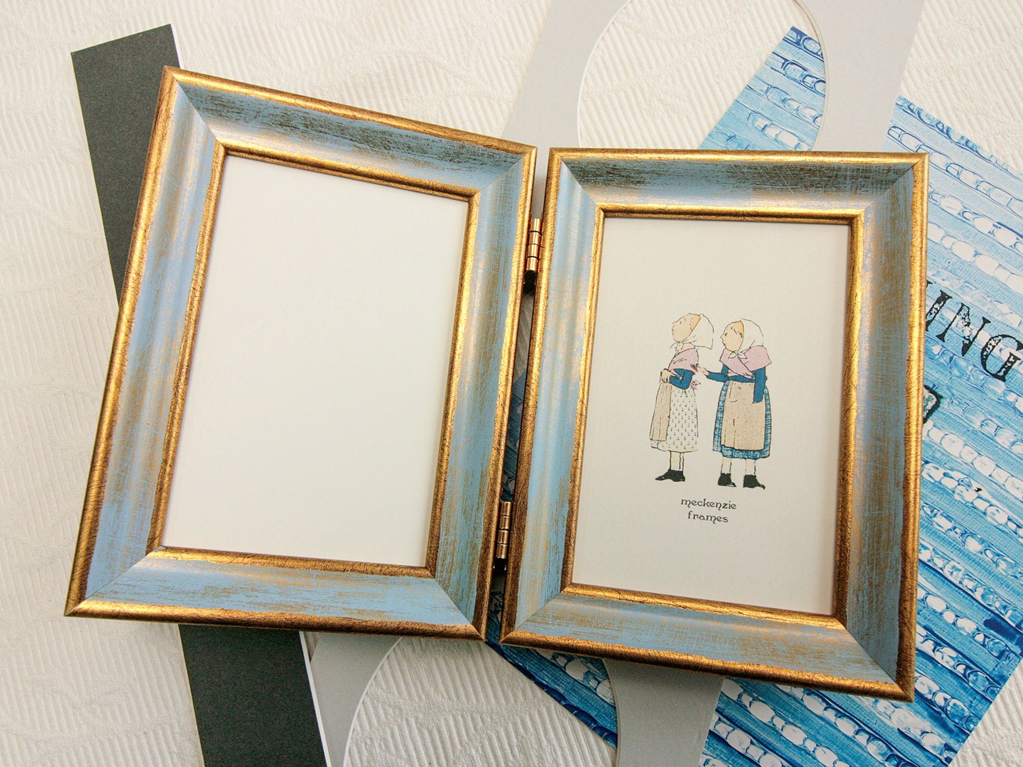 4x6 Pouces Charnière Double Cadre Or & Bleu Style Lisse/Instagram Cadre de Bureau Cadeau Demoiselles