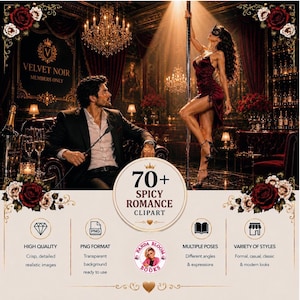 May include: A digital collection of 70+ spicy romance clipart images featuring a man in a suit and a person dancing on a pole in a dark, luxurious lounge setting. The graphic includes text labels for high quality, PNG format, multiple poses, and variety of styles, along with a small circular logo for Panda Bloom Books.