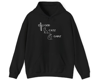 God, Catz, Gainz - Christian Cat Lover Hoodie, Minimalist Style, Personalizable with Bible Verse or Prayer