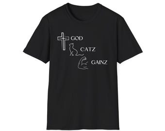 God, Catz, Gainz - Christian Cat Lover Shirt, Minimalist Style, Personalizable with Bible Verse or Prayer