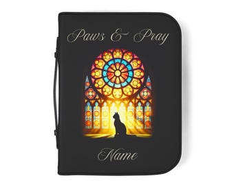 Personalizable Cat Bible Cover, &quot;Paws and Pray&quot; Stained Glass Design Bible Protector