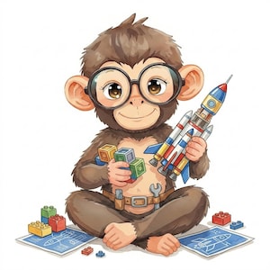 May include: A watercolour illustration of a brown monkey wearing glasses, holding a toy rocket and colourful building blocks. The monkey is sitting with blueprints and more blocks scattered around. The rocket has red, blue, and yellow accents.