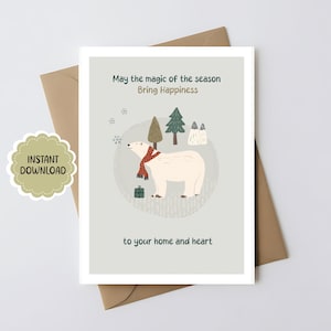 DIGITAL Printable Christmas Card | Original Polar Bear in Snow with Pine Trees | Instant Download | Digital Download Only