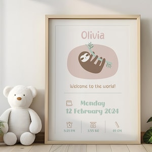 Gepersonaliseerde geboorteprint baby | Geboortegegevens | Cadeau voor pasgeborenen | Certificaat van lieve luiaard hangend aan een tak | Afdruk geboortedetail baby