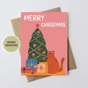 DIGITALE afdrukbare kerstkaart | schattige kat zit bij een kerstboom | wenskaart | Direct downloaden | Alleen digitale download