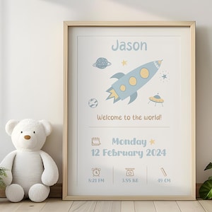 Gepersonaliseerde geboorteprint baby | Geboortegegevens | Cadeau voor pasgeborenen | Certificaat van een ruimteschip en sterren | Afdruk geboortedetail baby