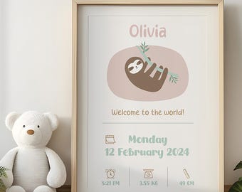 Personalized Sloth Baby Birth Stats Print | Nursery Wall Art (Digital Download)