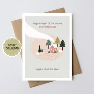 DIGITAL Printable Christmas Card | cozy Winter house in Snow with Bunnies and Pine Trees | Instant Download | Digital Download Only