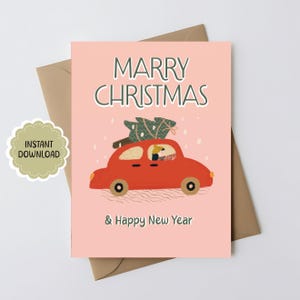 DIGITALE Weihnachtskarte | Frau Auto fahrend mit Weihnachtsbaum | Grußkarte | Tannenbaum | Nur digitaler Download
