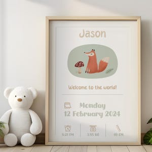 Geboortegegevens baby | Muurkunst kinderkamer en kinderkamer | Een persoonlijk en bijzonder certificaat van een vos | Alleen digitale download