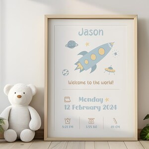 Geboortegegevens baby | Muurkunst kinderkamer en kinderkamer | Een persoonlijk en speciaal certificaat van een ruimteschip en sterren | Alleen digitale download