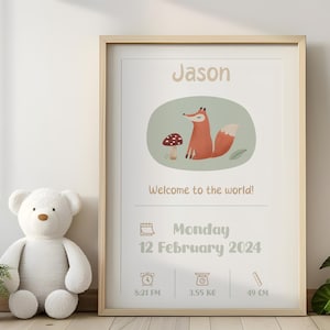 Gepersonaliseerde geboorteprint baby | Geboortegegevens | Cadeau voor pasgeborenen | Certificaat van een vos | Afdruk geboortedetail baby