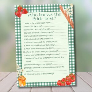 May include: A green and white checkered printable bridal shower game with the text "Who knows the Bride best?" and 15 questions about the bride.