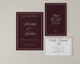 Burgundy Wedding Invitation Suite: Classic Elegant Printable Set (Editable in Canva)
