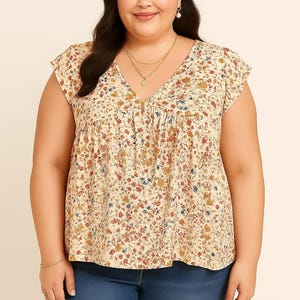 Floral Boho Ruffle Sleeve Blouse 2XL V-Neck Lightweight Casual Top Women