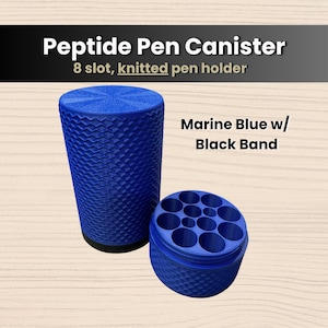 May include: A marine blue peptide pen canister with a black band, featuring a textured exterior and a separate lid with eight circular slots for pen storage. The text reads Peptide Pen Canister, 8 slot, knitted pen holder, Marine Blue w/ Black Band.