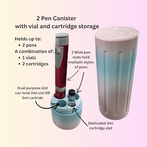 May include: A two-pen canister with vial and cartridge storage. The canister is light blue and white, with a matching lid. It holds up to two pens, one vial, and two cartridges. The text on the image reads: "2 Pen Canister with vial and cartridge storage."