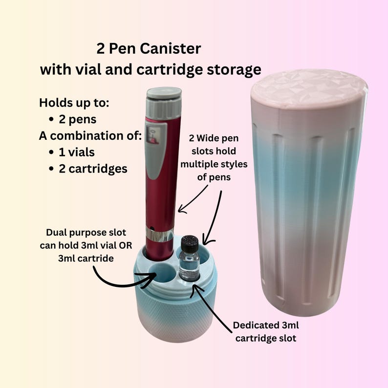 May include: A two-pen canister with vial and cartridge storage. The canister is light blue and white, with a matching lid. It holds up to two pens, one vial, and two cartridges. The text on the image reads: "2 Pen Canister with vial and cartridge storage."