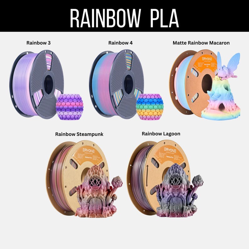May include: An image showcasing spools of rainbow-colored PLA filament for 3D printing, with the text "RAINBOW PLA" at the top. The image includes various color combinations, such as "Rainbow 3", "Rainbow 4", "Matte Rainbow Macaron", "Rainbow Steampunk", and "Rainbow Lagoon".