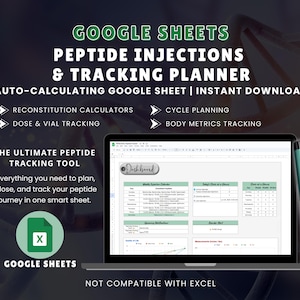 Puede incluir: Una computadora portátil muestra un planificador de seguimiento de Google Sheets para inyecciones de péptidos. La pantalla muestra un panel con gráficos y tablas. Un bolígrafo verde azulado y un vial están a la derecha. El texto incluye "Calculadoras de reconstitución".