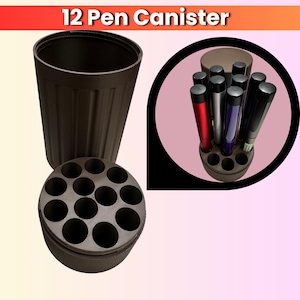 May include: A dark brown 12 pen canister with a cylindrical body and a separate insert featuring twelve circular slots for organizing pens. The text 12 Pen Canister is displayed at the top. The insert is shown holding various colored pens.