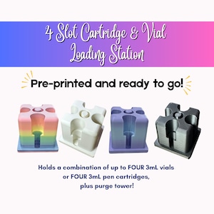 May include: A 4 Slot Cartridge & Vial Loading Station with the text Pre-printed and ready to go! and Holds a combination of up to FOUR 3mL vials or FOUR 3mL pen cartridges, plus purge tower! Four square holders in rainbow, white, purple, and black.