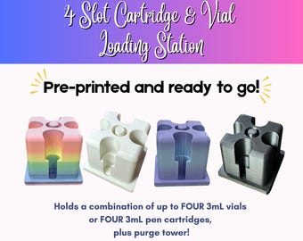 3D Printed Cartridge & Vial Loading Station | 4 Slot Reconstitution Stand with Purge Area | for 3mL Pen Cartridges and 3mL Vials