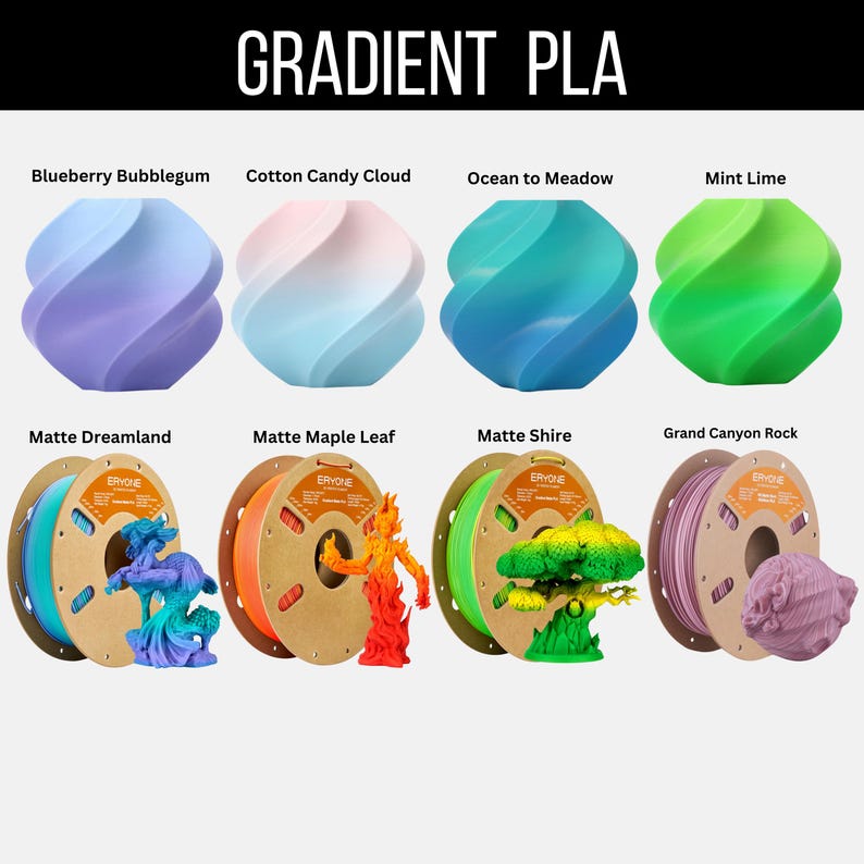 May include: An image showcasing various colors of Gradient PLA filament and 3D-printed objects. The top row features swirled color samples in Blueberry Bubblegum, Cotton Candy Cloud, Ocean to Meadow, and Mint Lime. The bottom row displays filament spools and 3D-printed models.