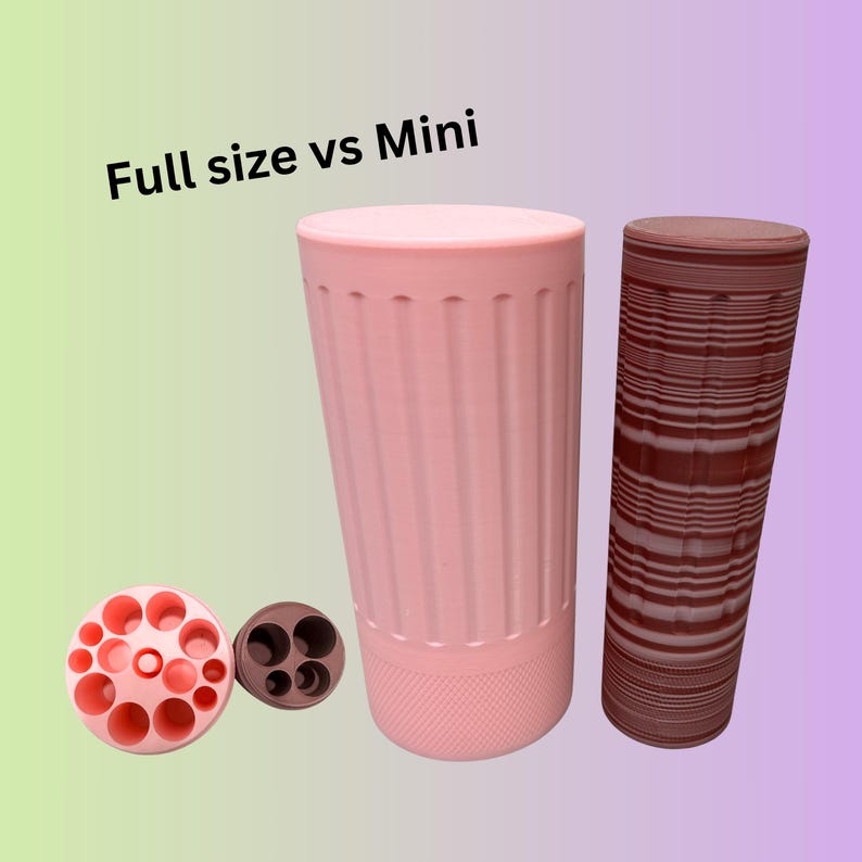 May include: A comparison of a full-size and mini cylindrical container. The full-size container is light pink with vertical grooves and a textured base. The mini container is brown and white striped. The text "Full size vs Mini" is in the upper left.