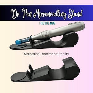 May include: A black plastic stand for a Dr. Pen microneedling device, featuring a contoured cradle and a circular base. The text Dr. Pen Microneedling Stand, FITS THE M8S, and Maintains Treatment Sterility is visible. A silver microneedling pen rests in the top stand.
