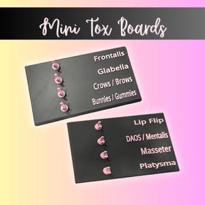 May include: Two rectangular black Mini Tox Boards featuring pink text and small pink pegs. The first board lists Frontalis, Glabella, Crows / Brows, and Bunnies / Gummies. The second board lists Lip Flip, DAOS / Mentalis, Masseter, and Platysma.