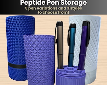 May include: A collection of cylindrical peptide pen storage containers in blue, purple, and white with textured geometric patterns. A purple base holds three pens in metallic bronze, blue, and purple. Text reads: Peptide Pen Storage.