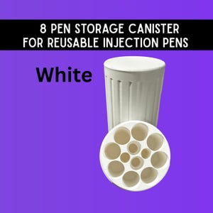 May include: A white cylindrical storage canister for 8 reusable injection pens. The canister features a vertical ribbed exterior and a circular top insert with multiple circular openings for organizing pens. Text reads 8 PEN STORAGE CANISTER.