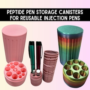 May include: Peptide pen storage canisters for reusable injection pens. Two cylindrical containers are shown: one solid pink and one with a rainbow gradient finish. Each features a removable lid with multiple circular slots for pen storage.