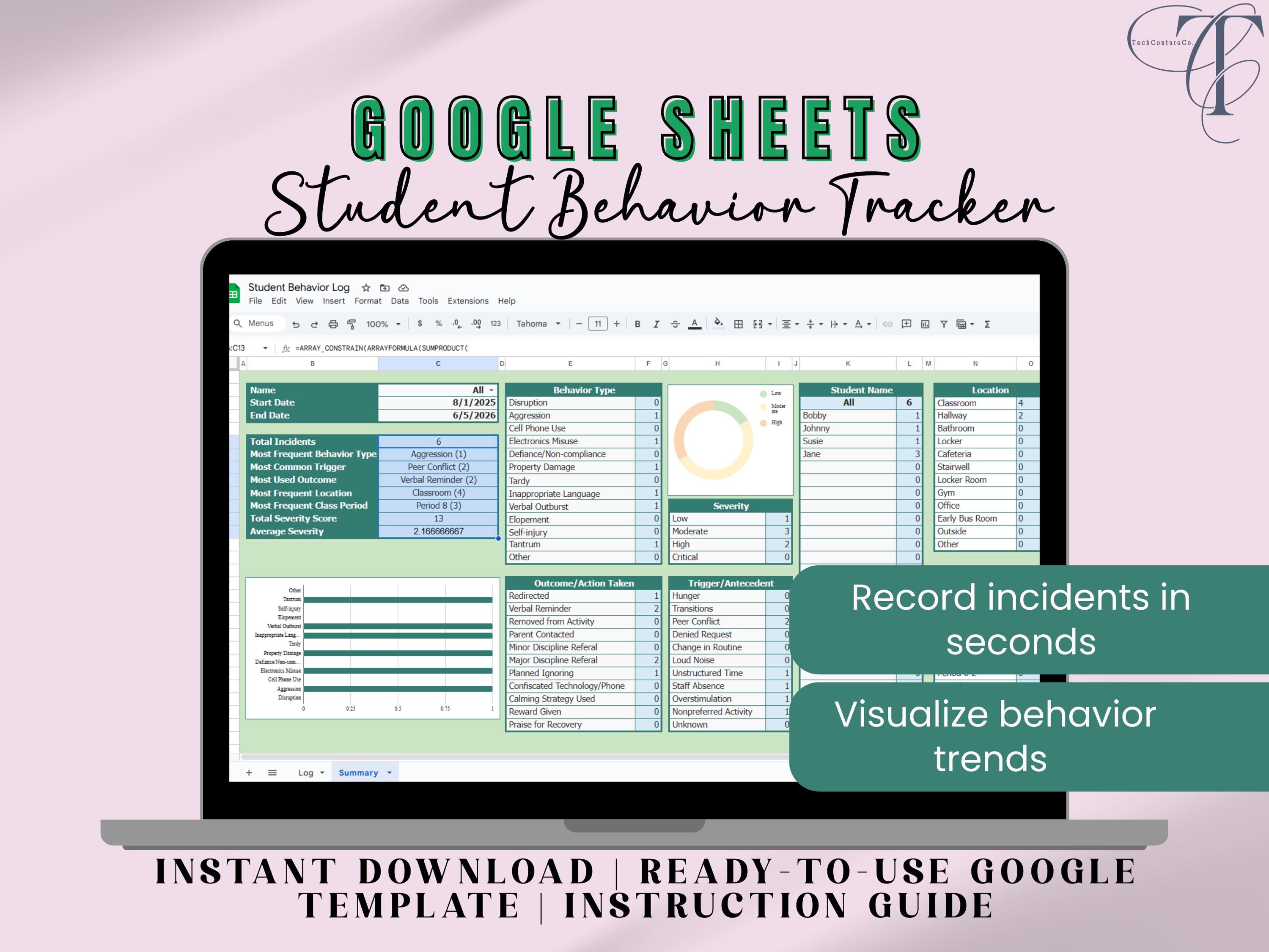 Digital Student Behavior Tracker for Teacher, Google Sheets Template, Log Incidents, Track Trends, Student Summary, Quick Contacts, Editable