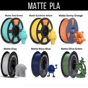 May include: A selection of matte PLA 3D printer filament spools in various colors, including teal green, sunshine yellow, sunny orange, gray, navy blue, and olive green. Each spool is paired with a 3D-printed model, such as an ice cream cone or a bear.