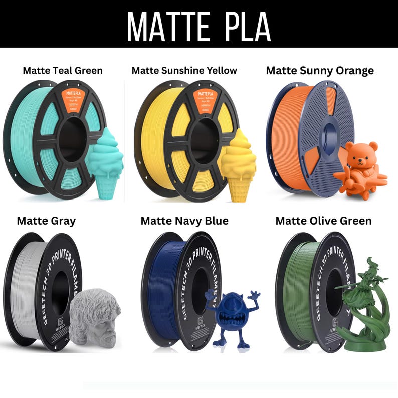 May include: A selection of matte PLA 3D printer filament spools in various colors, including teal green, sunshine yellow, sunny orange, gray, navy blue, and olive green. Each spool is paired with a 3D-printed model, such as an ice cream cone or a bear.