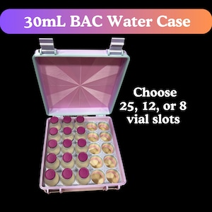May include: Pink and mint green water case with the text "30mL BAC Water Case". The case is open, revealing multiple vial slots. The text "Choose 25, 12, or 8 vial slots" is also visible.