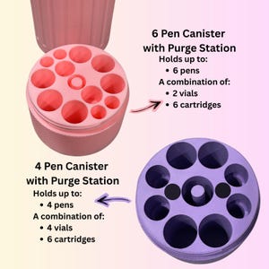 May include: Pink and purple pen canisters with purge stations. The pink canister holds up to 6 pens, 2 vials, and 6 cartridges. The purple canister holds up to 4 pens, 4 vials, and 6 cartridges. The canisters have multiple circular openings.